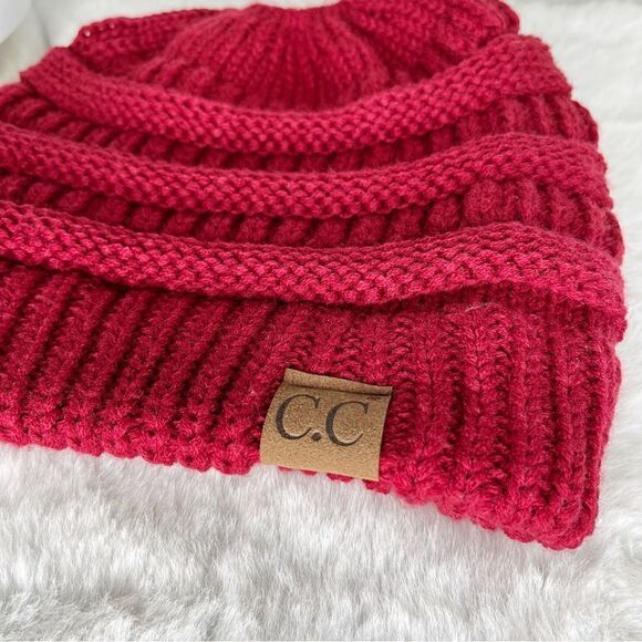 C.C Dark Crimson Red Ponytail Cable Knit Beanie Hat - Picture 3 of 8